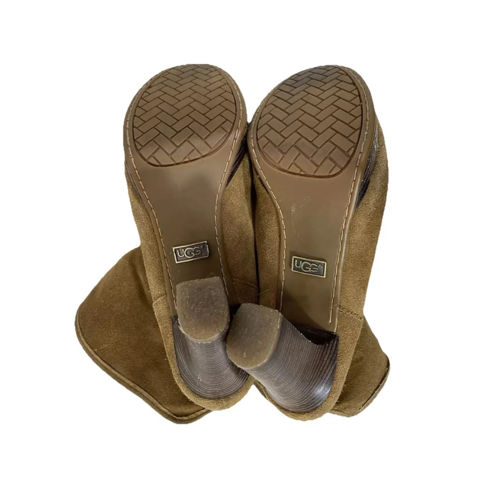 UGG Dandylion Booties Sz 8.5 Suede Sheepskin Foldover Shearling Heeled Chestnut